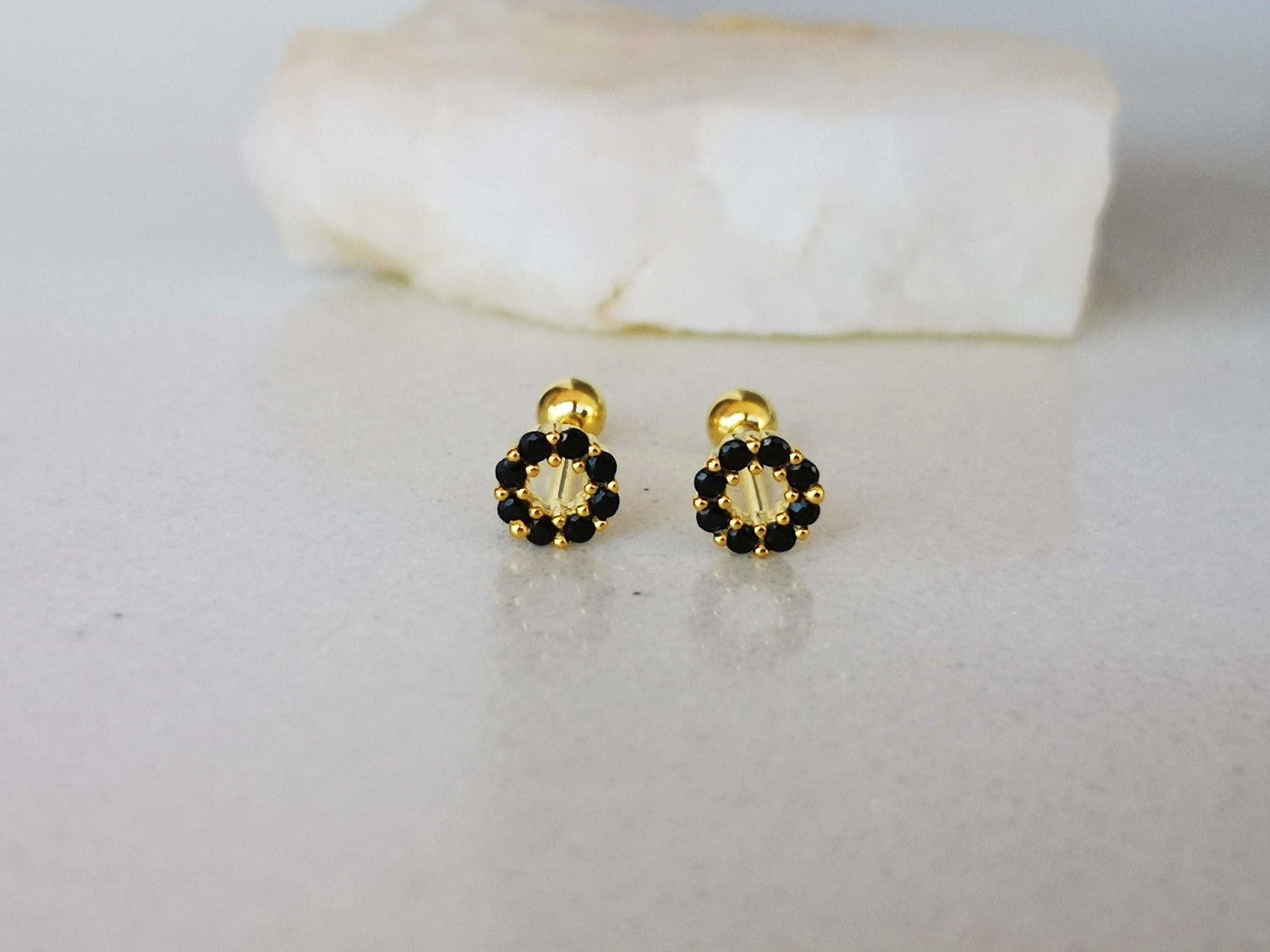 Black CZ Circle Stud Earrings