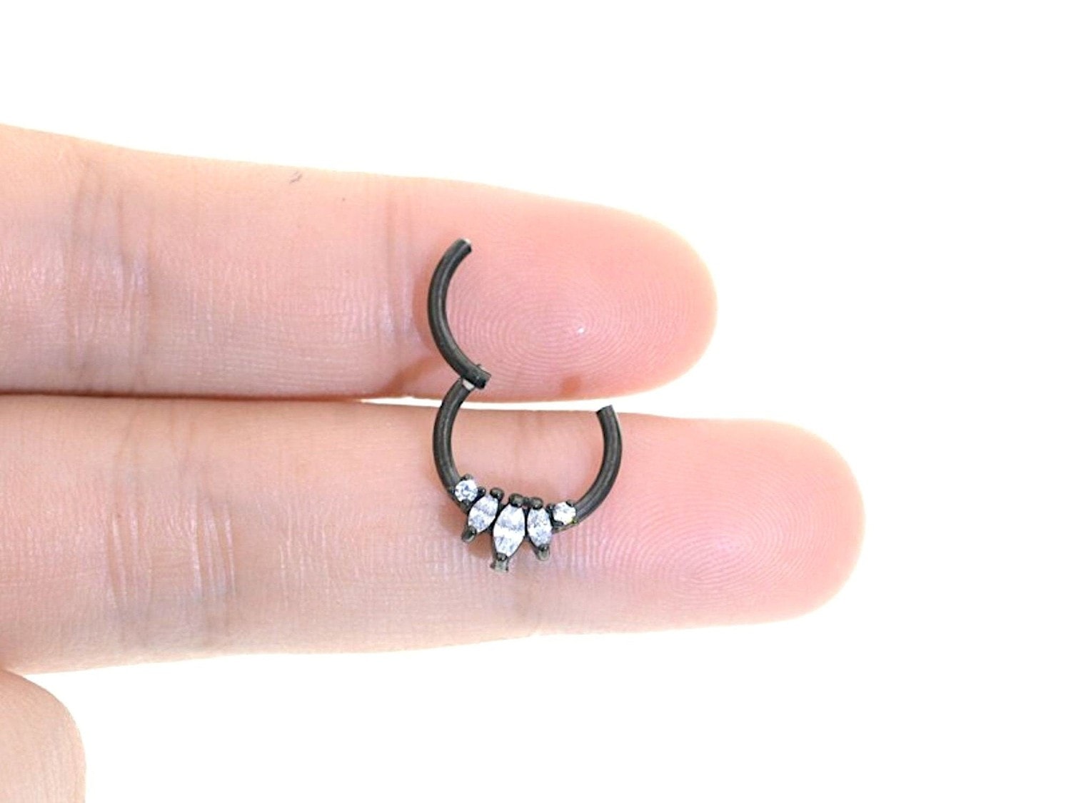 Black Elegant Septum Clicker Ring with Cubic Zirconia Crystals