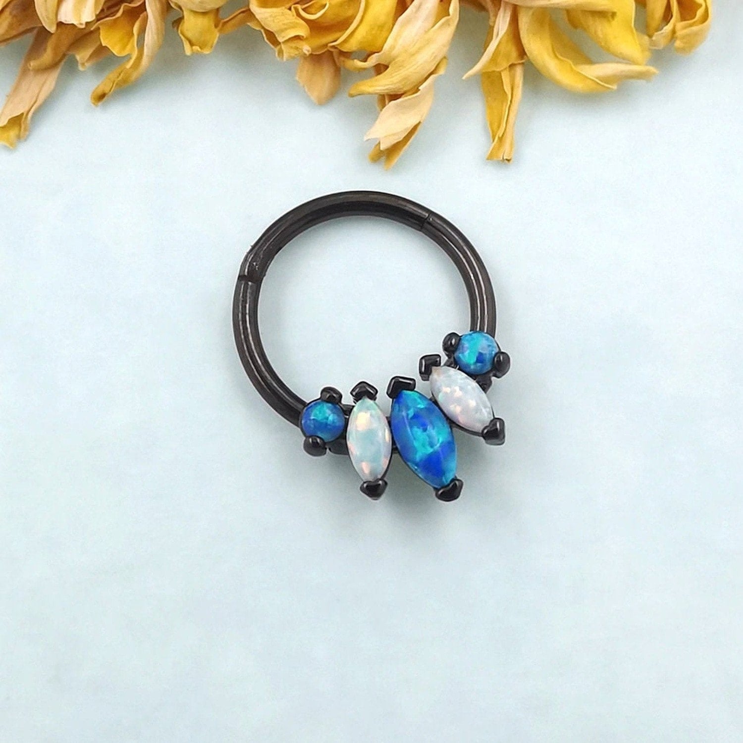 Black Tropical Septum Clicker Ring with Blue and White Opals