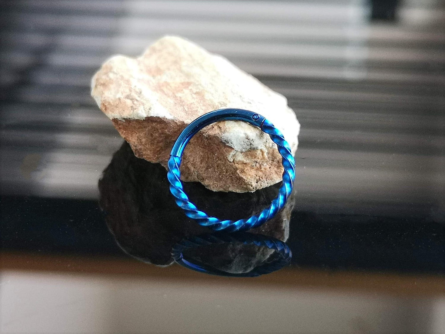 Blue Twisted Titanium Hinged Hoop Ring