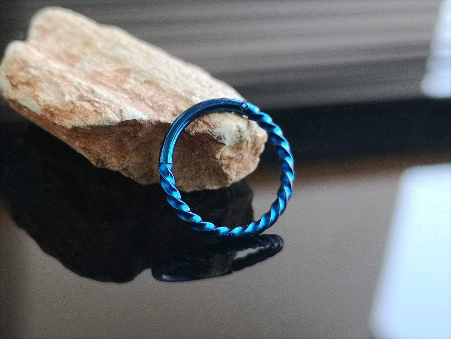 Blue Twisted Titanium Hinged Hoop Ring