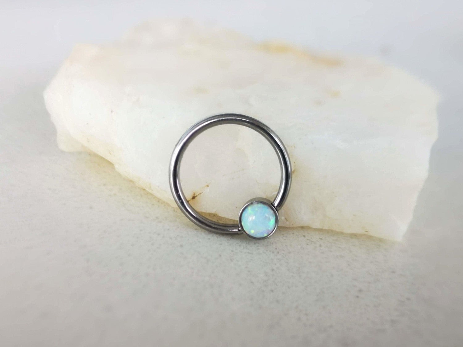 Captive Bead Ring with White Opal