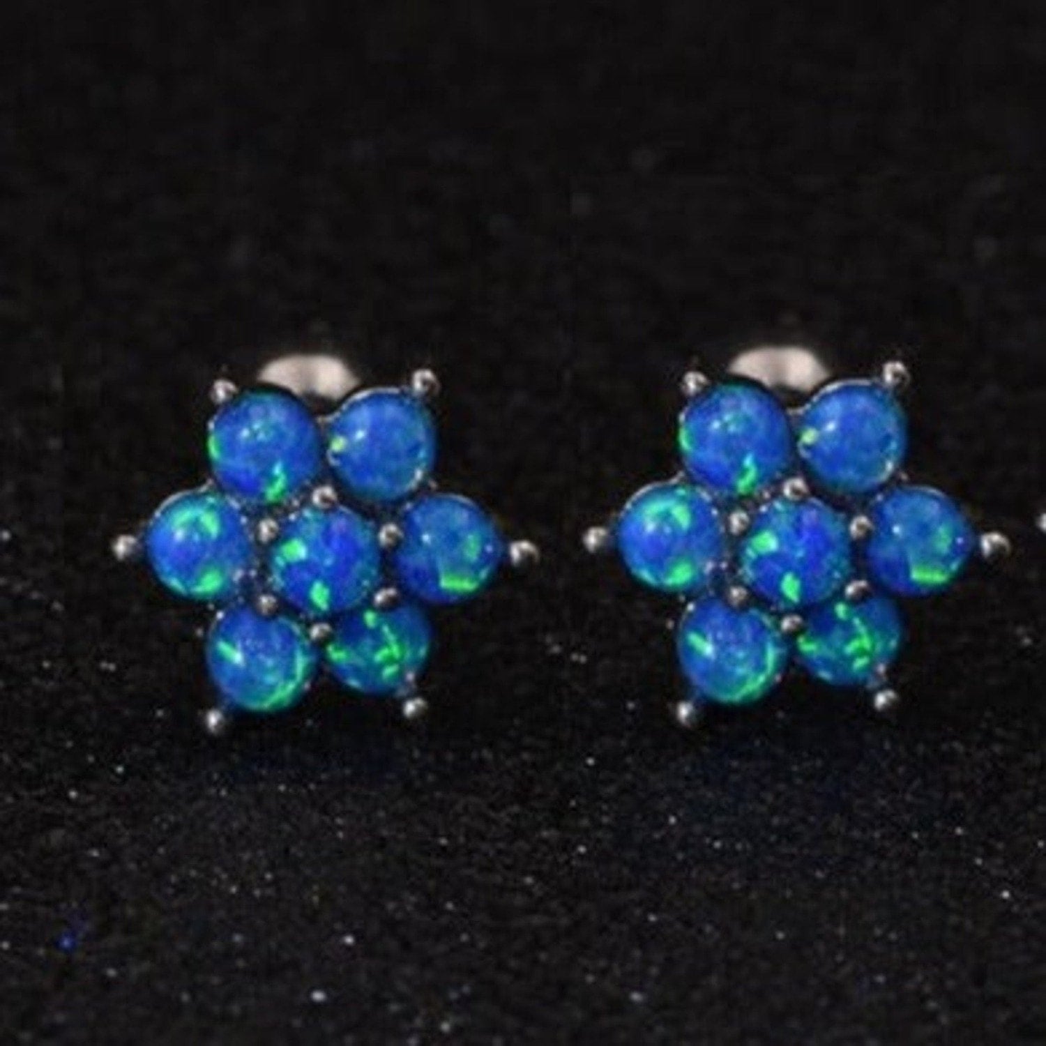 Charming Flower Stud Earring with 7 Blue Opal Gemstones