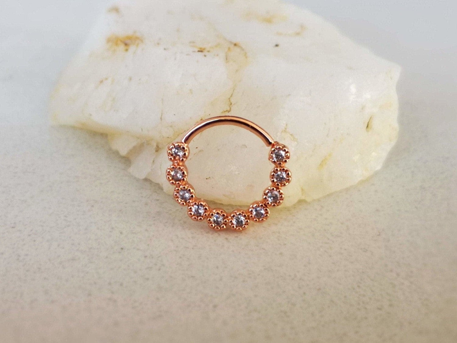 Charming Rose Gold Daith Ring with CZ Crystals