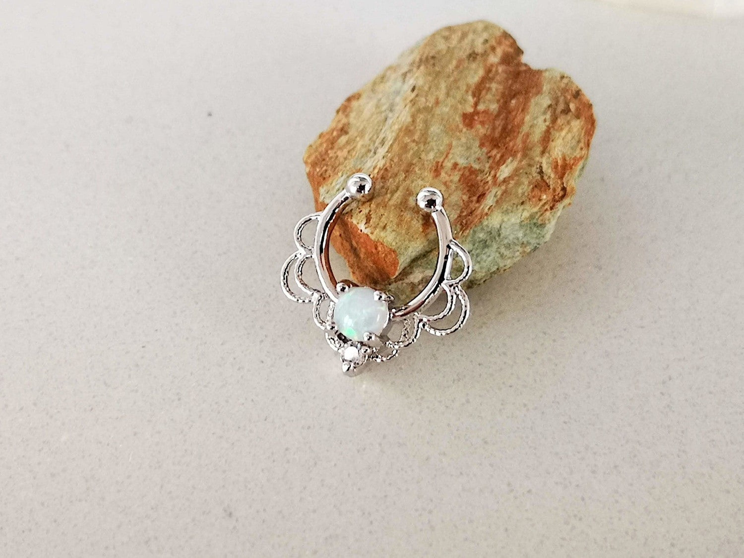 Faux Silver Lace Septum Ring with White Opal