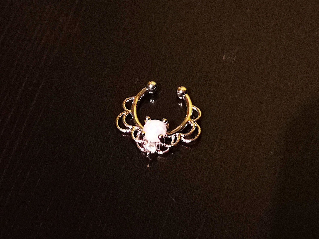 Faux Silver Lace Septum Ring with White Opal