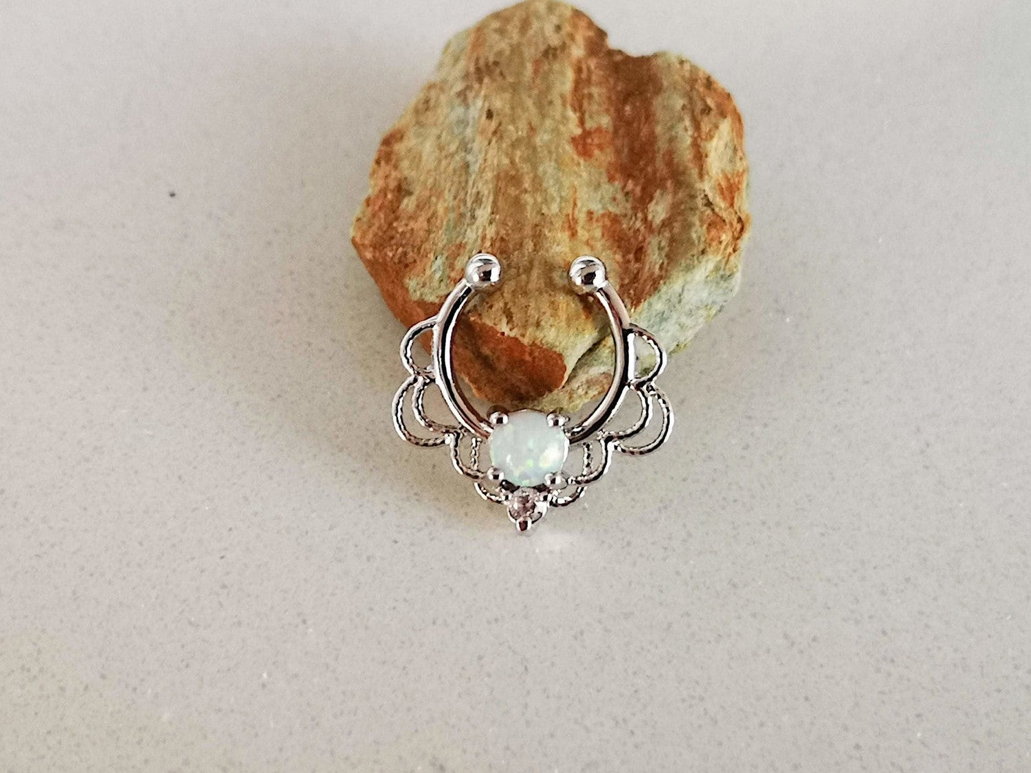 Faux Silver Lace Septum Ring with White Opal