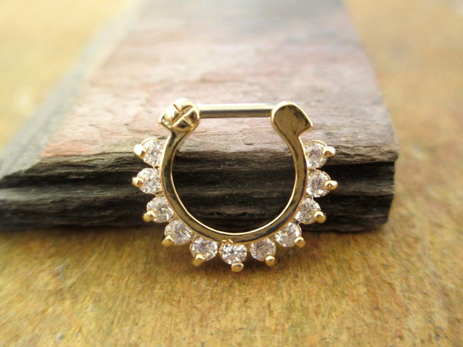 Gold Aztec Surgical Steel Septum Ring with Cubic Zirconia Crystals