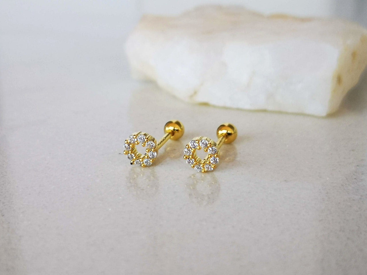 Gold CZ Circle Stud Earrings