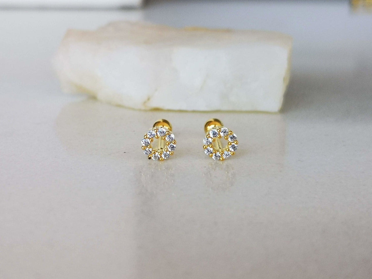 Gold CZ Circle Stud Earrings