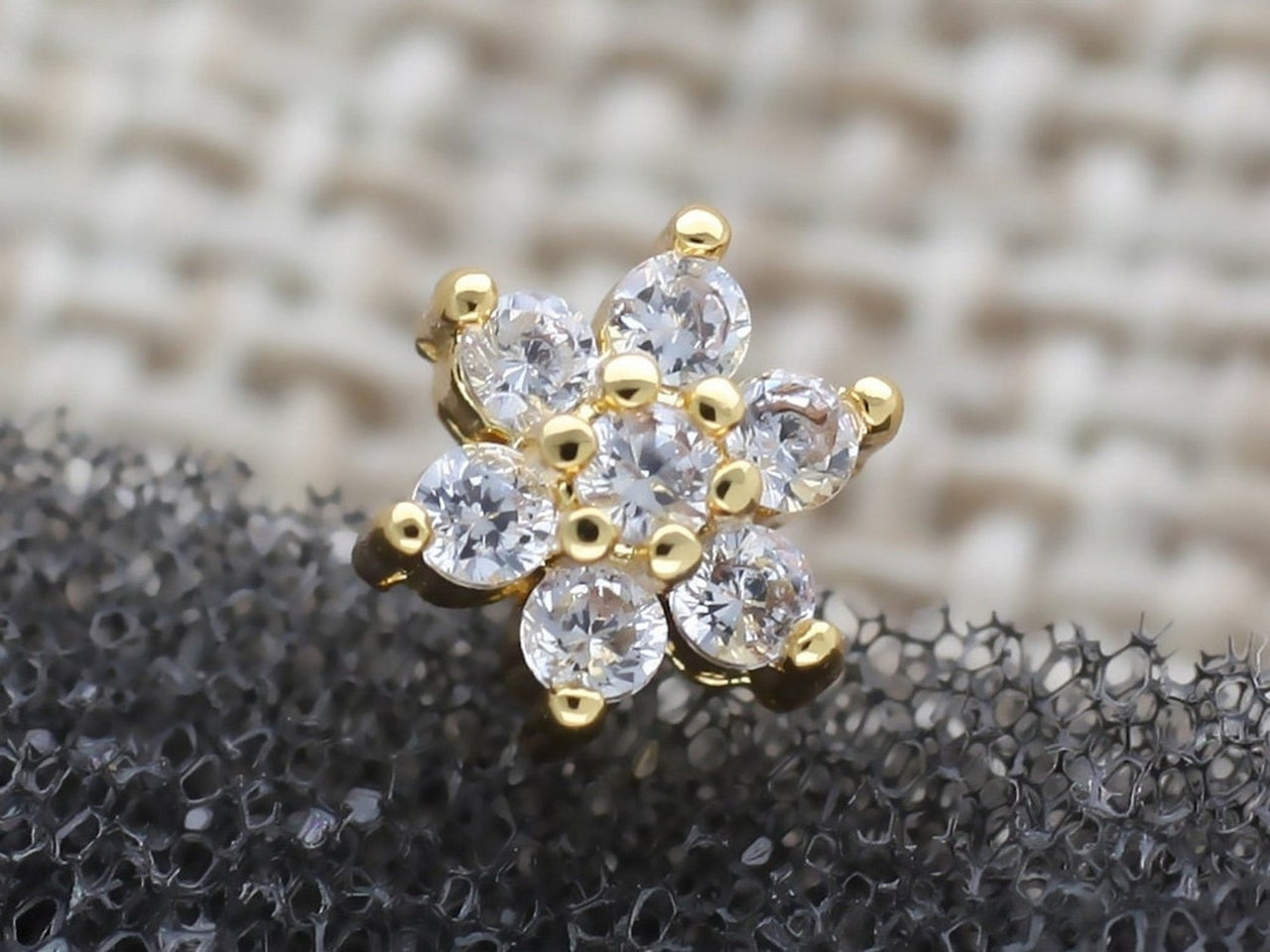 Gold Crystal Flower L Shaped Nose Stud