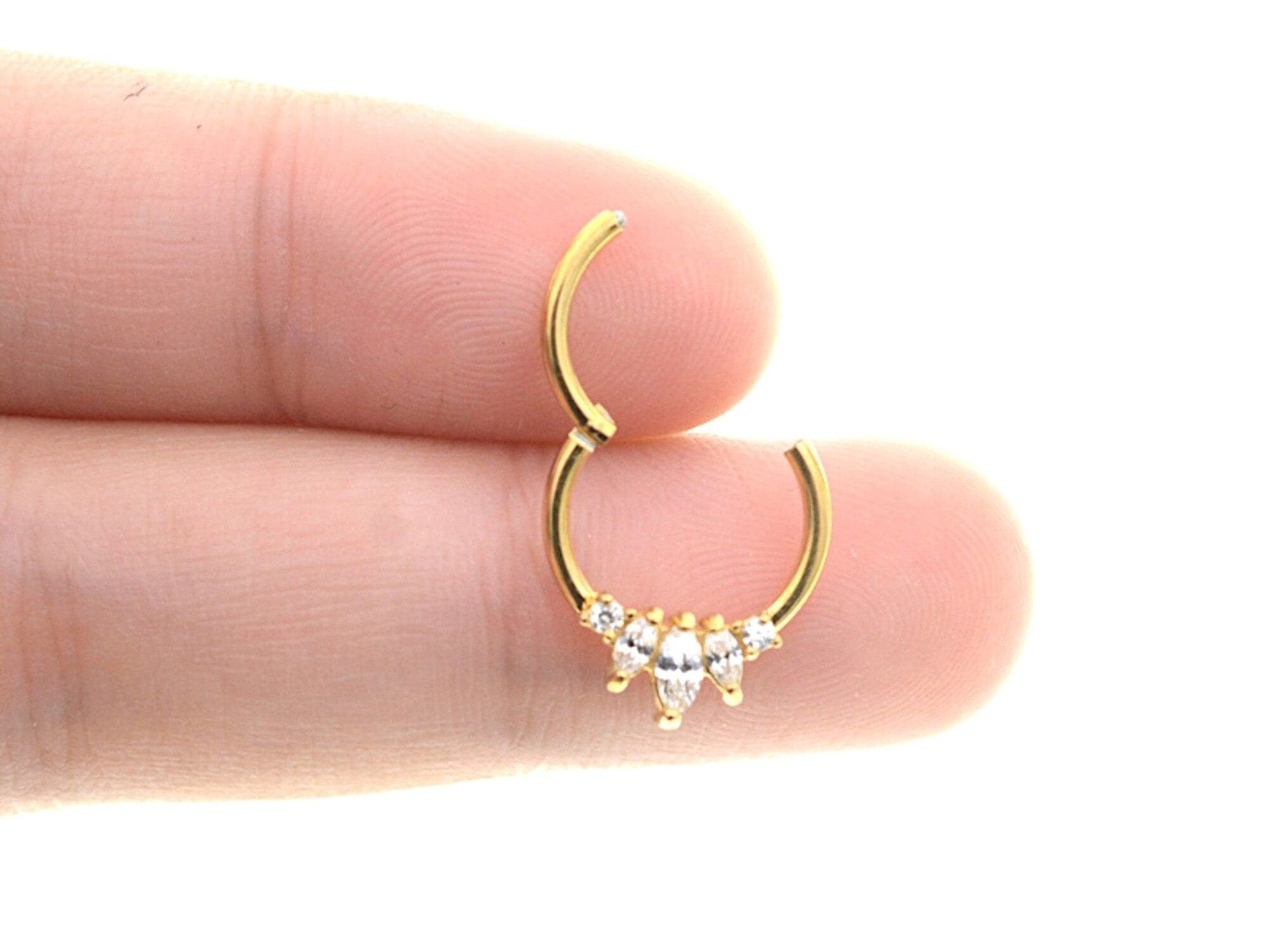 Gold Elegant Septum Clicker Ring with Cubic Zirconia Crystals