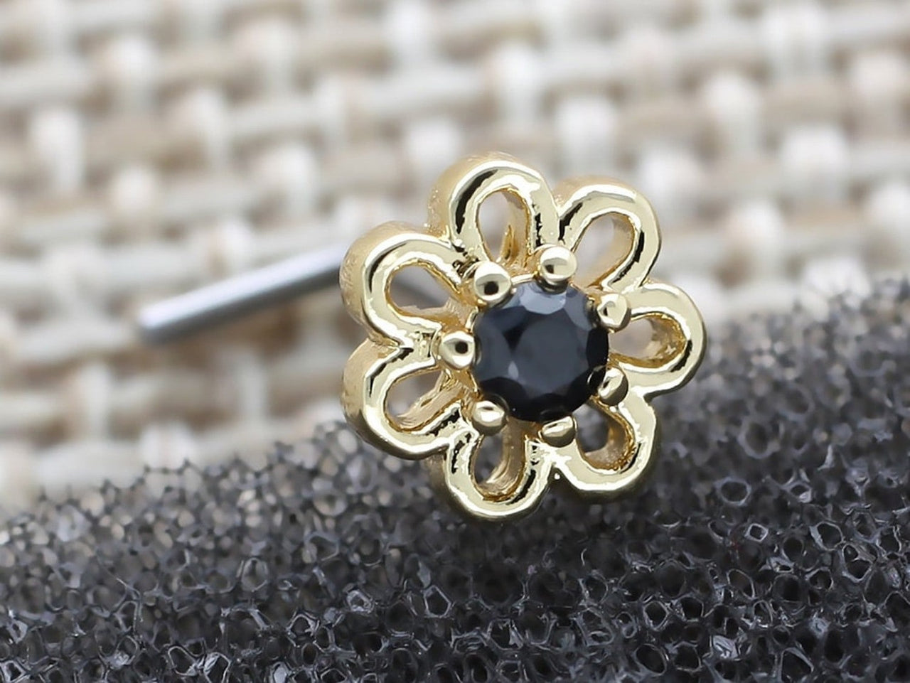 Gold Flower L Shaped Nose Stud with Central Black Crystal