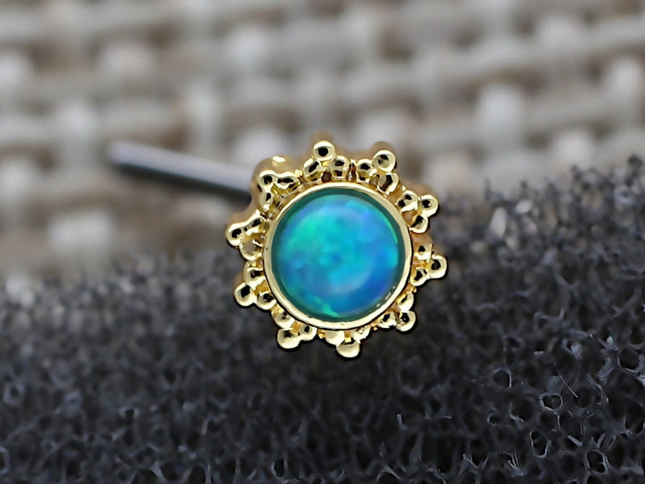 Gold Flower L Shaped Nose Stud with Central Blue Opal