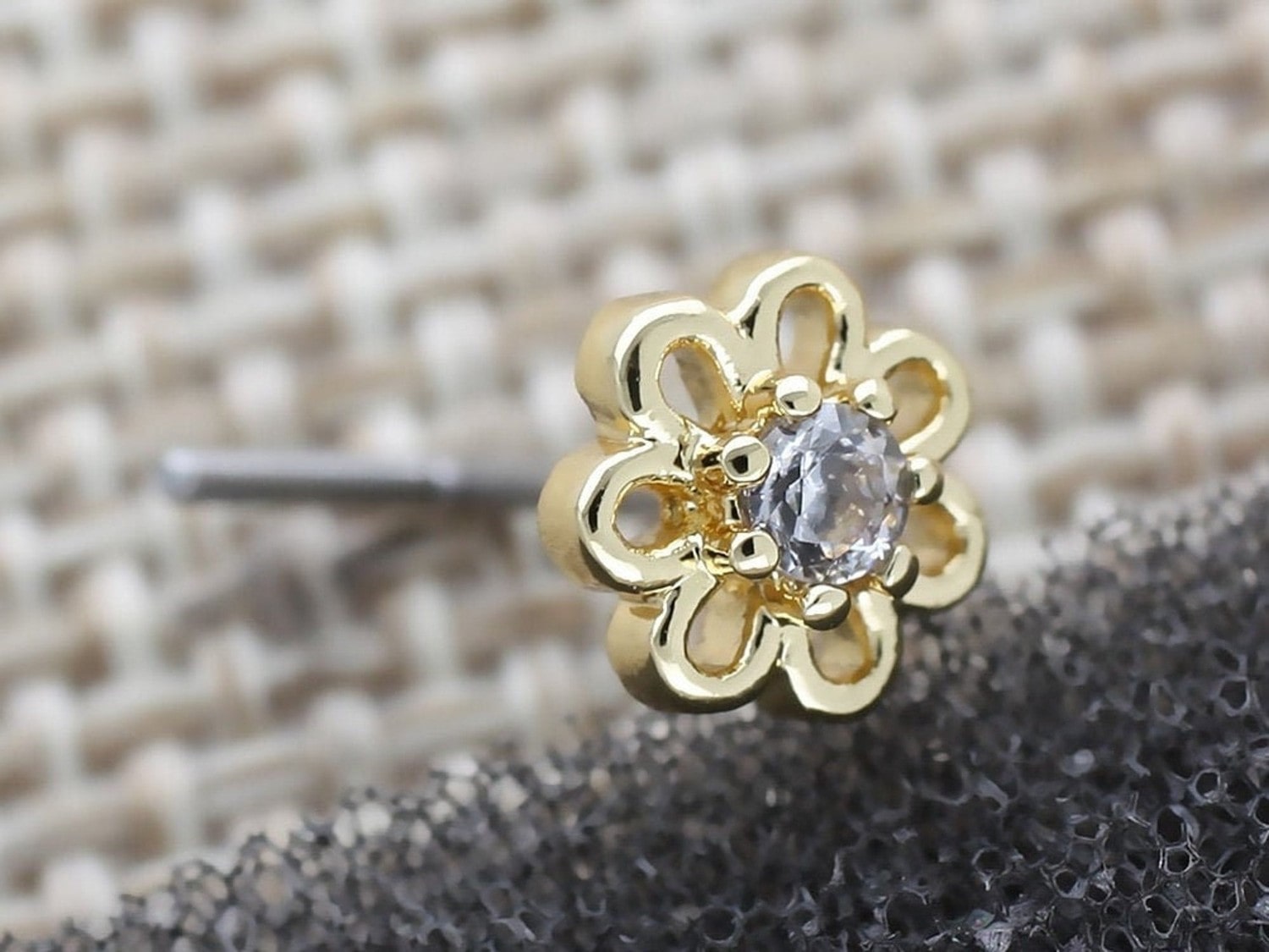 Gold Flower L Shaped Nose Stud with Central Crystal