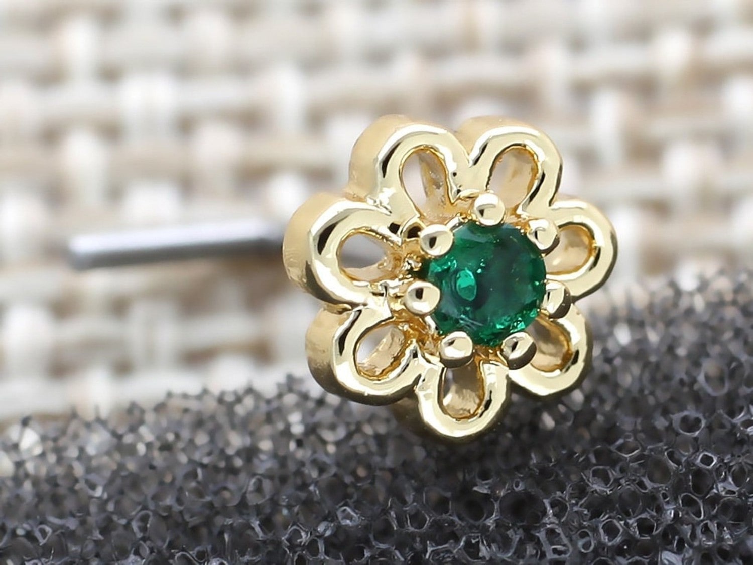 Gold Flower L Shaped Nose Stud with Central Green Crystal