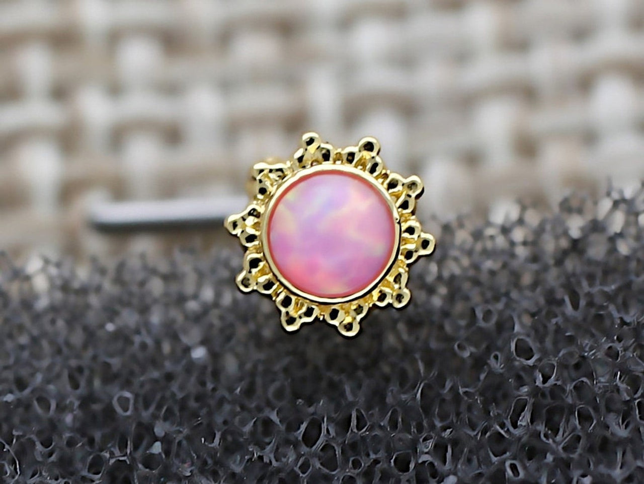 Gold Flower L Shaped Nose Stud with Central Pink Opal