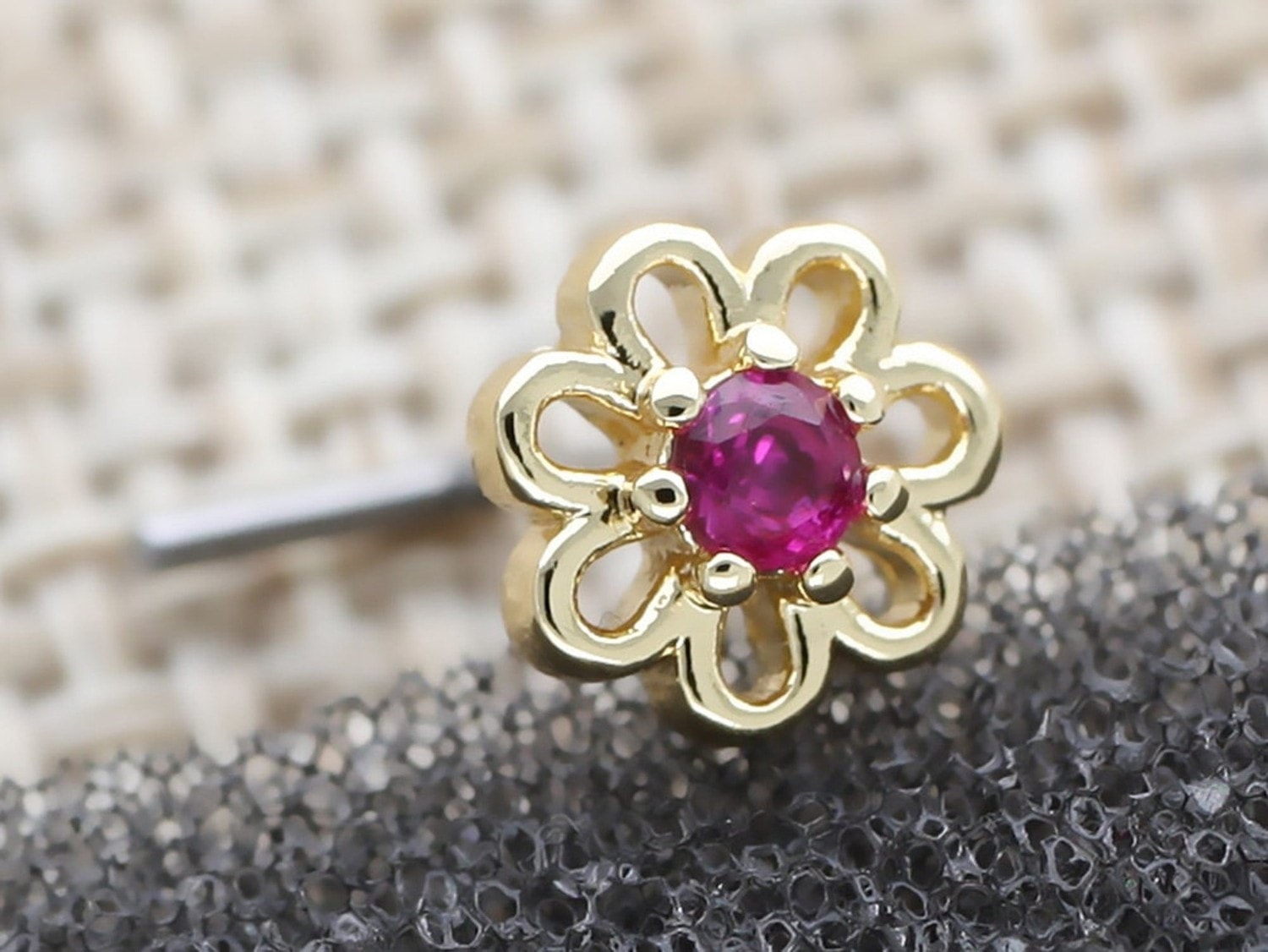 Gold Flower L Shaped Nose Stud with Central Purple Crystal