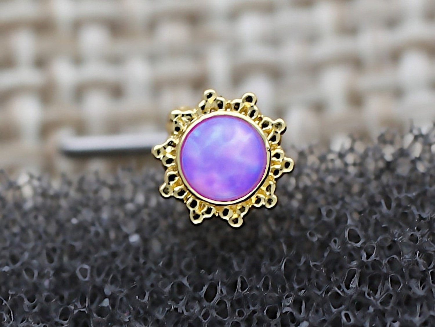 Gold Flower L Shaped Nose Stud with Central Purple Opal