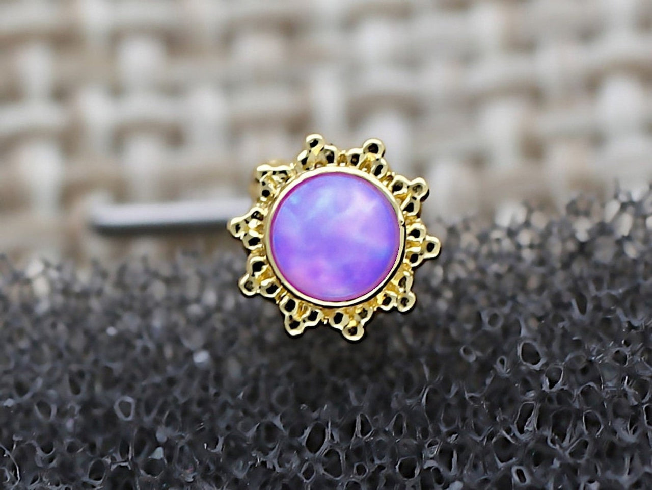 Gold Flower L Shaped Nose Stud with Central Purple Opal