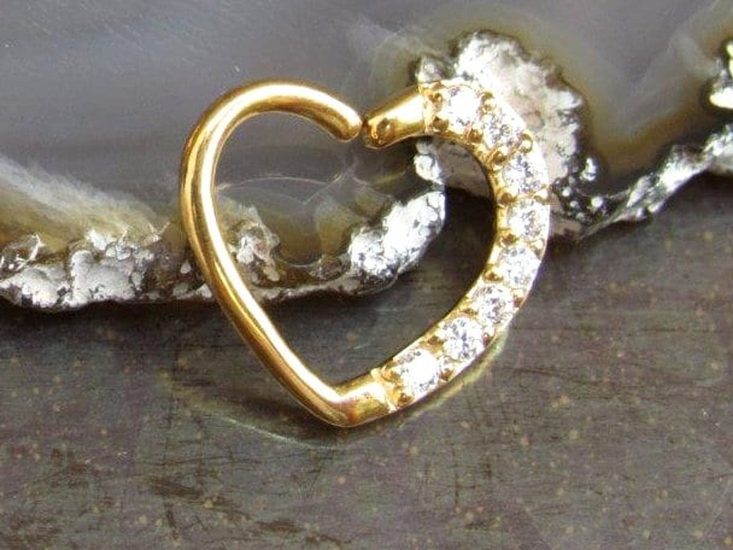 Gold Heart Shaped Daith Earring with Cubic Zirconia Crystals