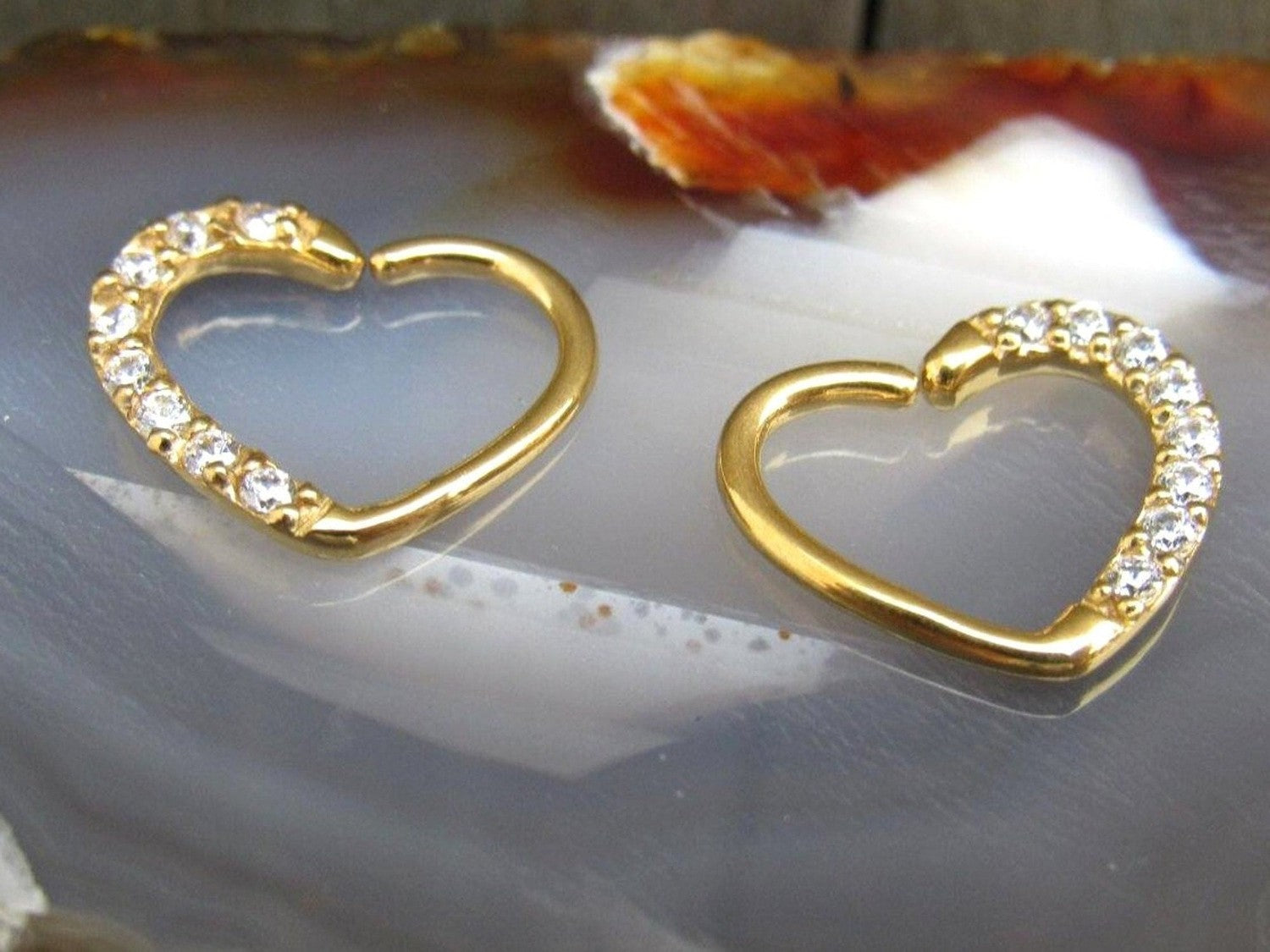 Gold Heart Shaped Daith Earring with Cubic Zirconia Crystals