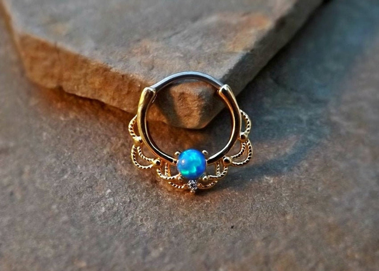 Gold Lace Septum Clicker Ring with Blue Opal