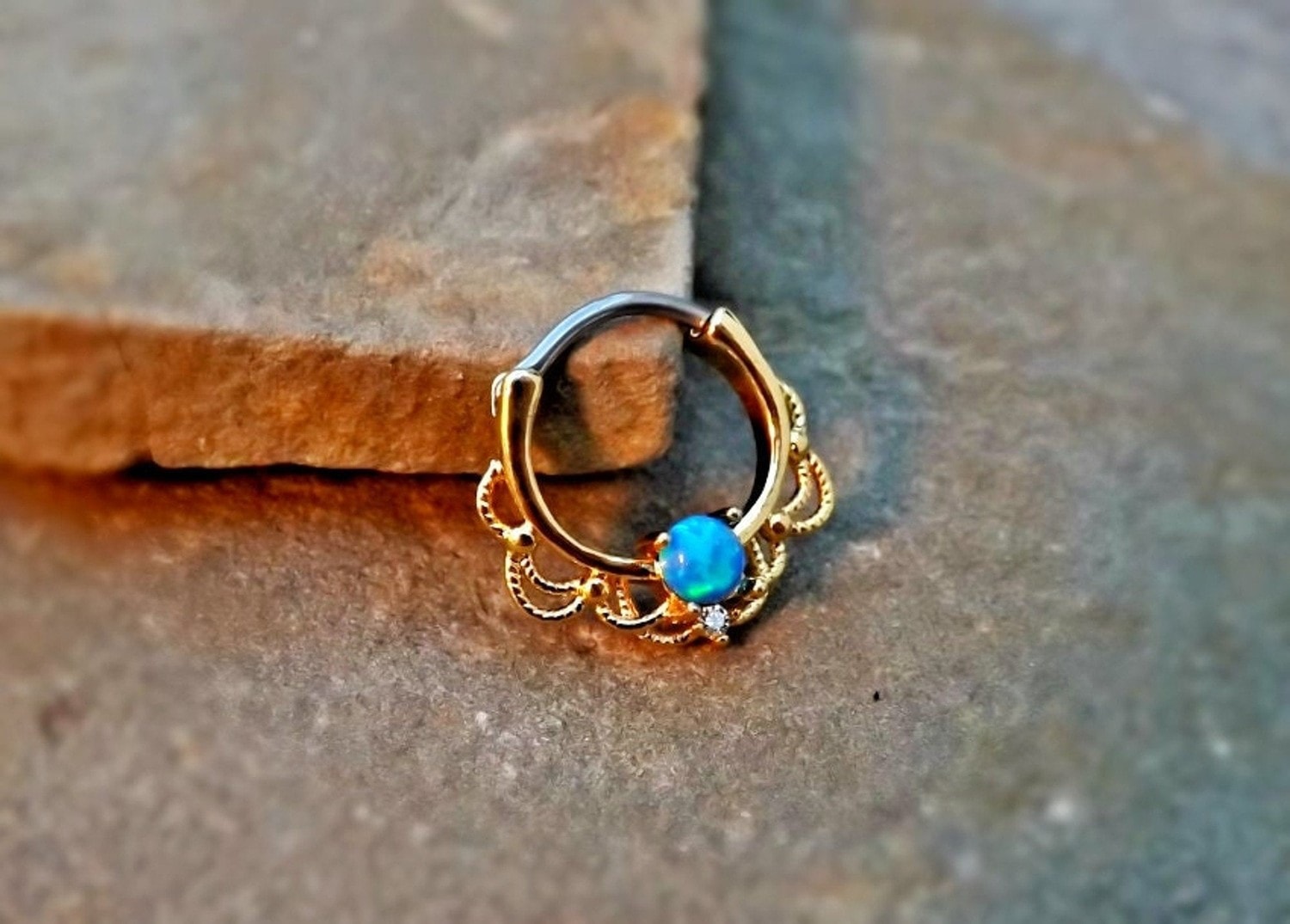 Gold Lace Septum Clicker Ring with Blue Opal