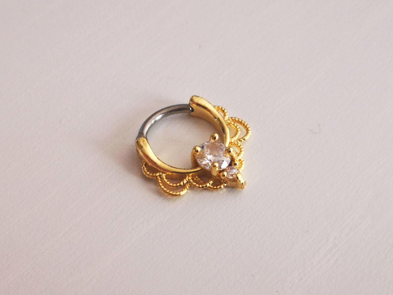 Gold Lace Septum Clicker Ring with CZ Crystals