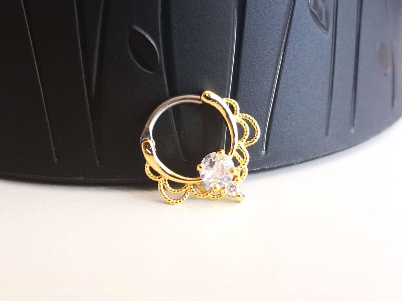 Gold Lace Septum Clicker Ring with CZ Crystals