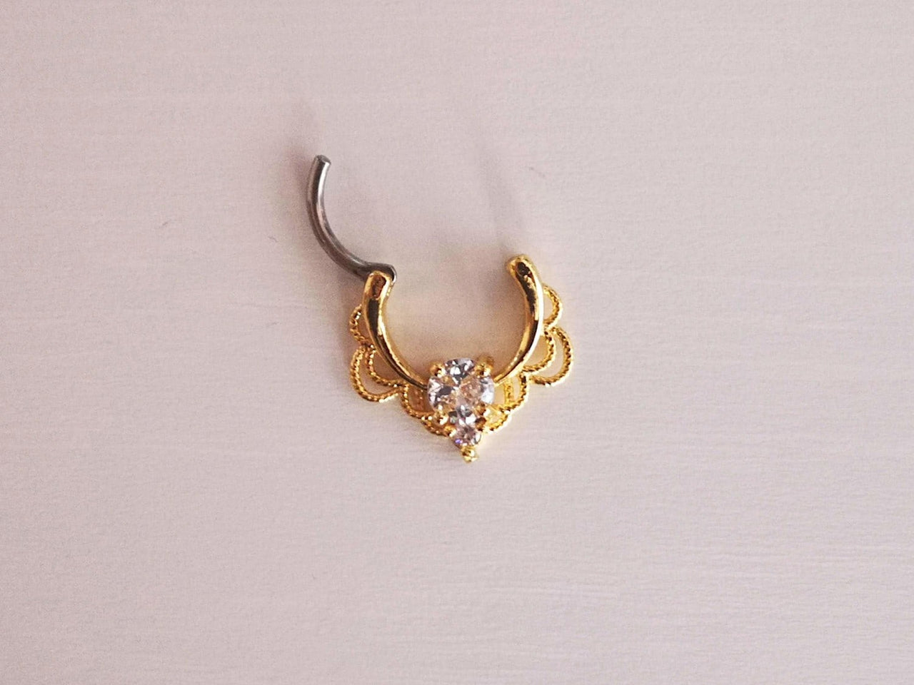 Gold Lace Septum Clicker Ring with CZ Crystals