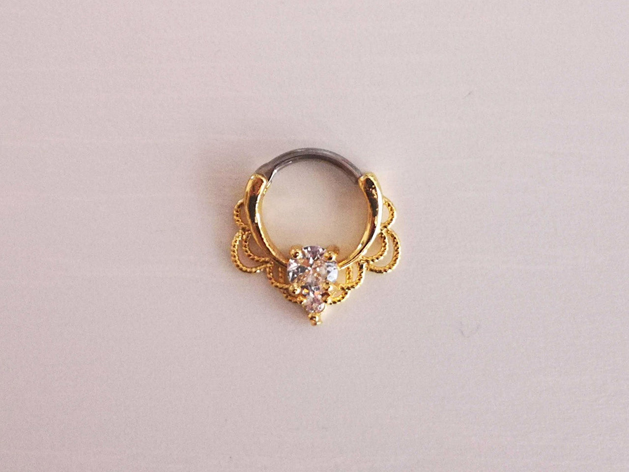 Gold Lace Septum Clicker Ring with CZ Crystals