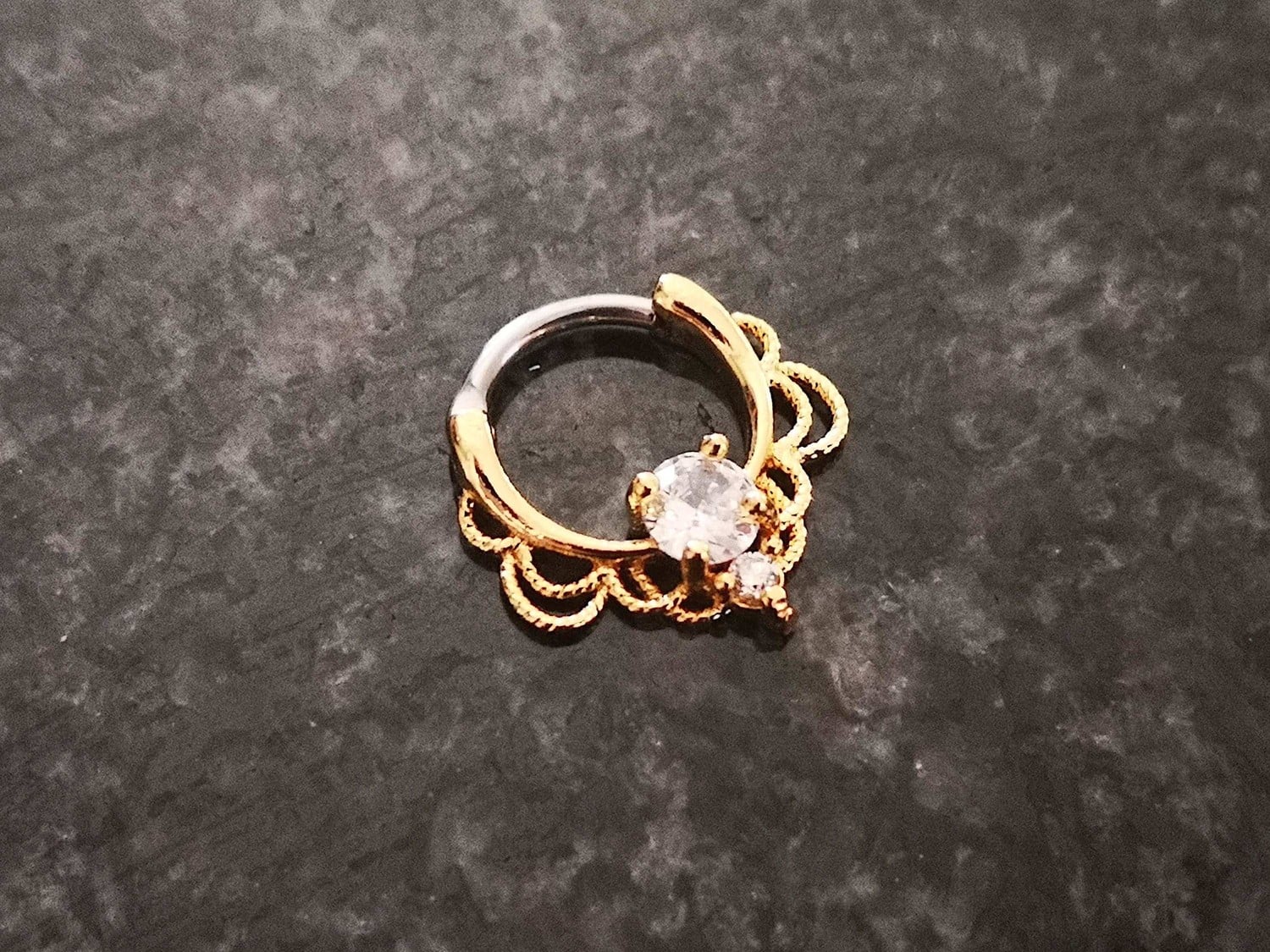 Gold Lace Septum Clicker Ring with CZ Crystals