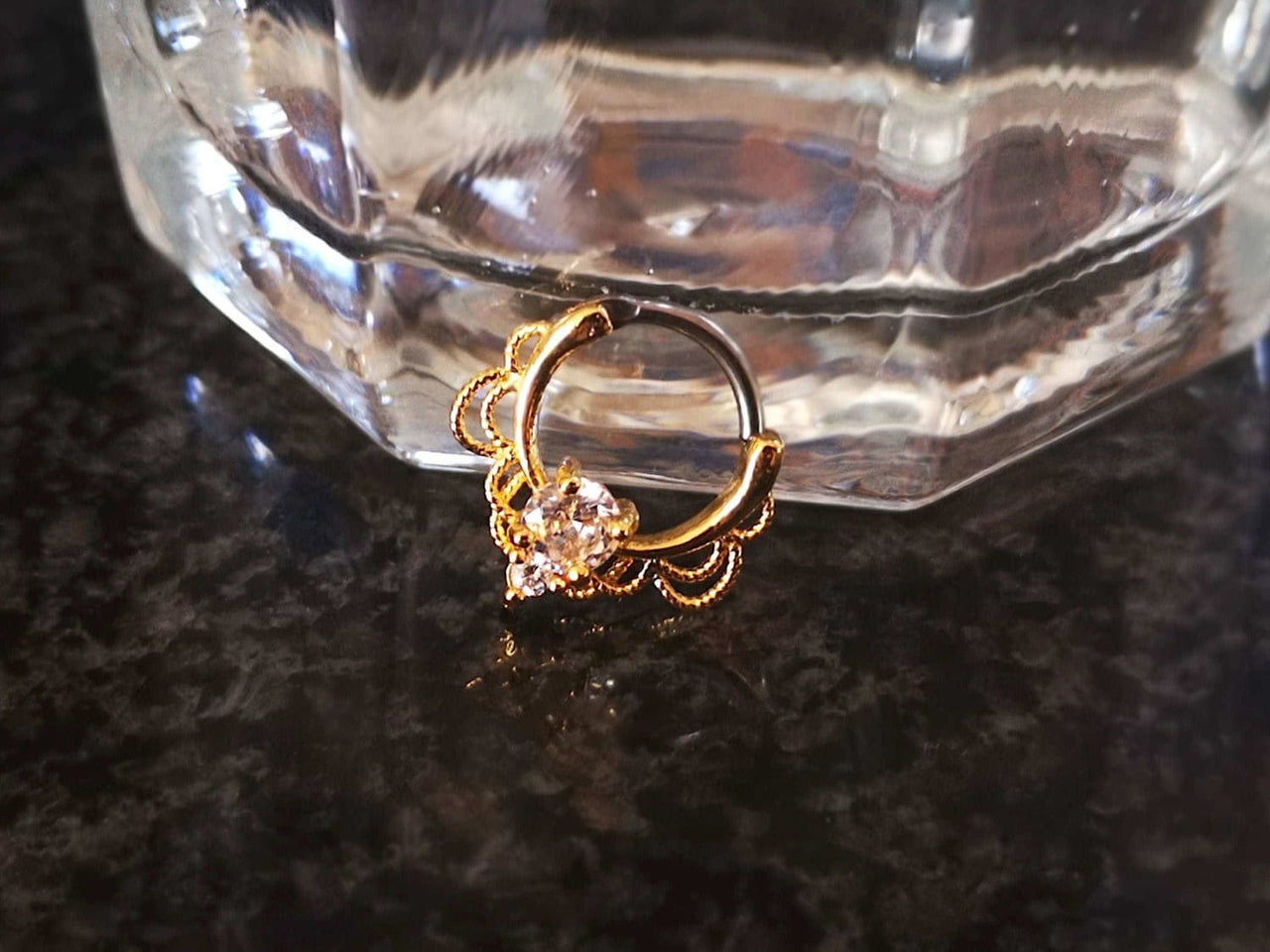 Gold Lace Septum Clicker Ring with CZ Crystals