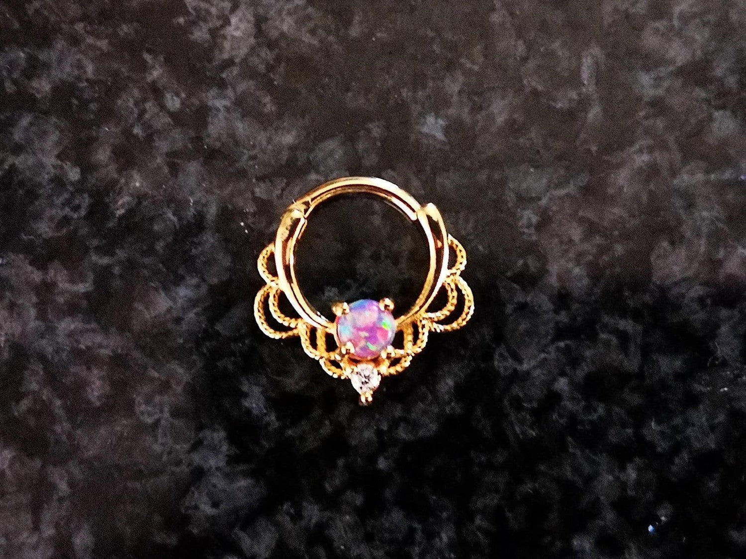 Gold Lace Septum Clicker Ring with Purple Opal