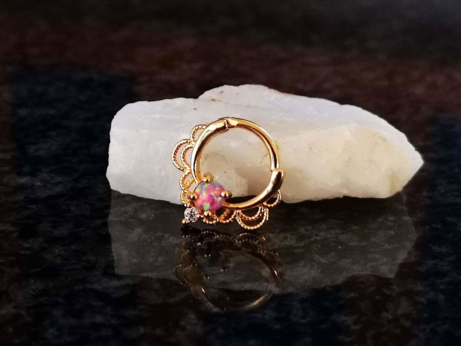 Gold Lace Septum Clicker Ring with Purple Opal