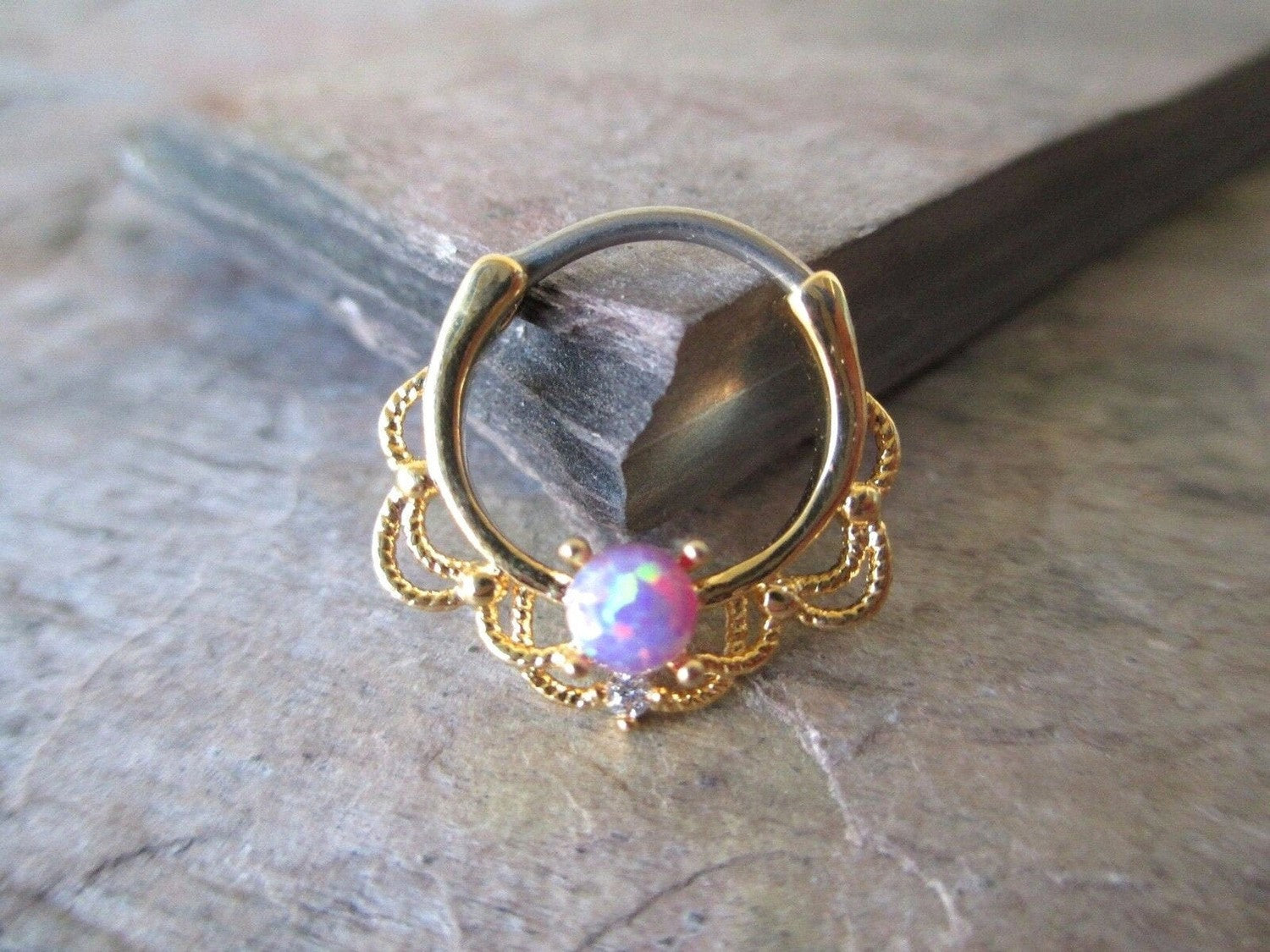 Gold Lace Septum Clicker Ring with Purple Opal