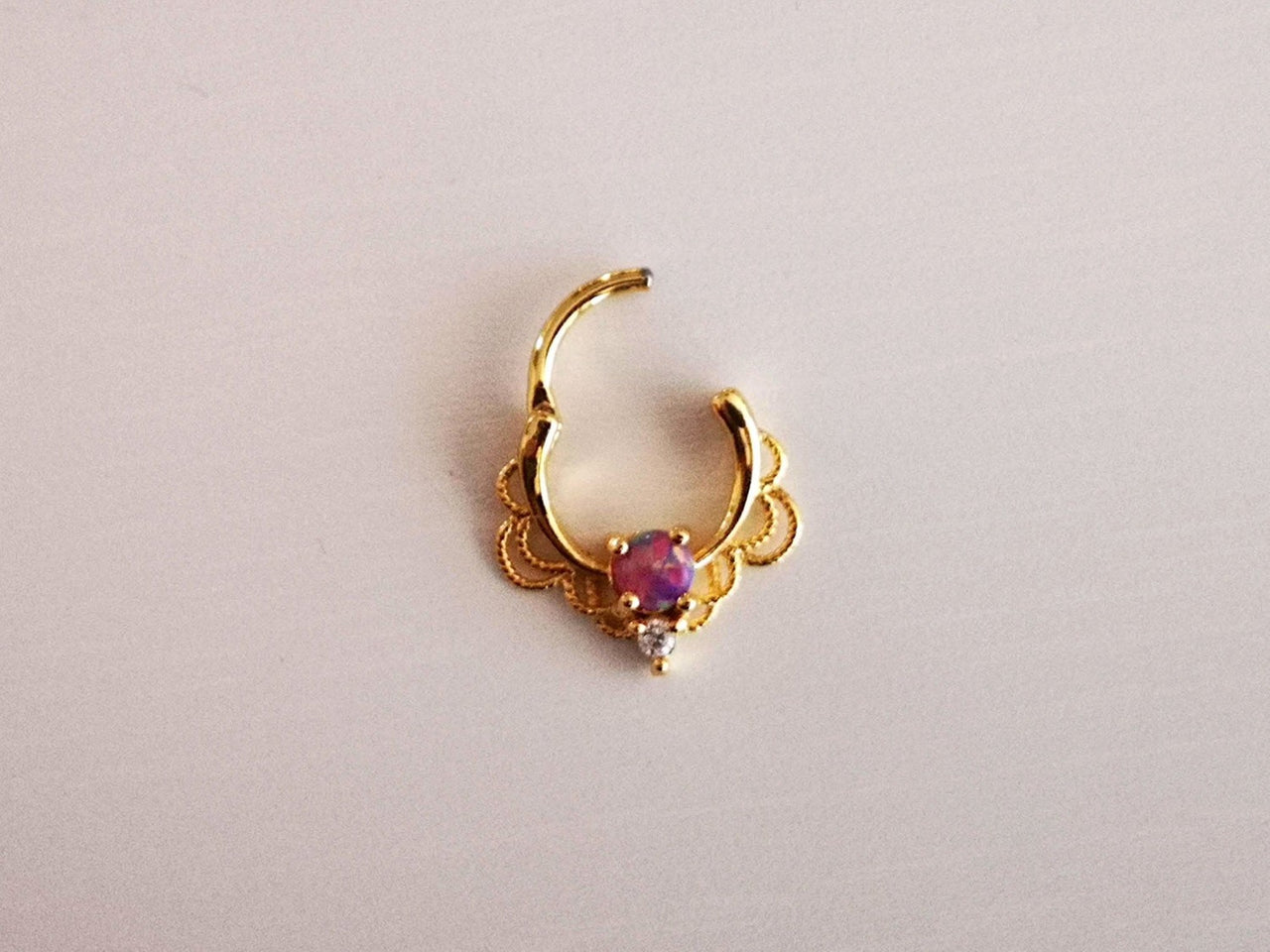 Gold Lace Septum Clicker Ring with Purple Opal