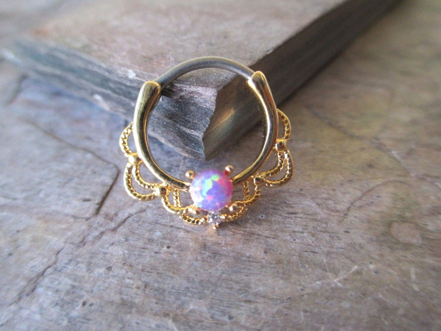 Gold Lace Septum Clicker Ring with Purple Opal