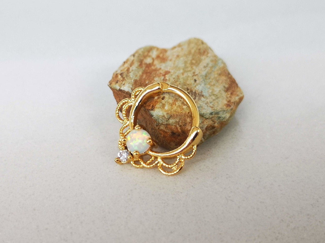 Gold Lace Septum Clicker Ring with White Opal