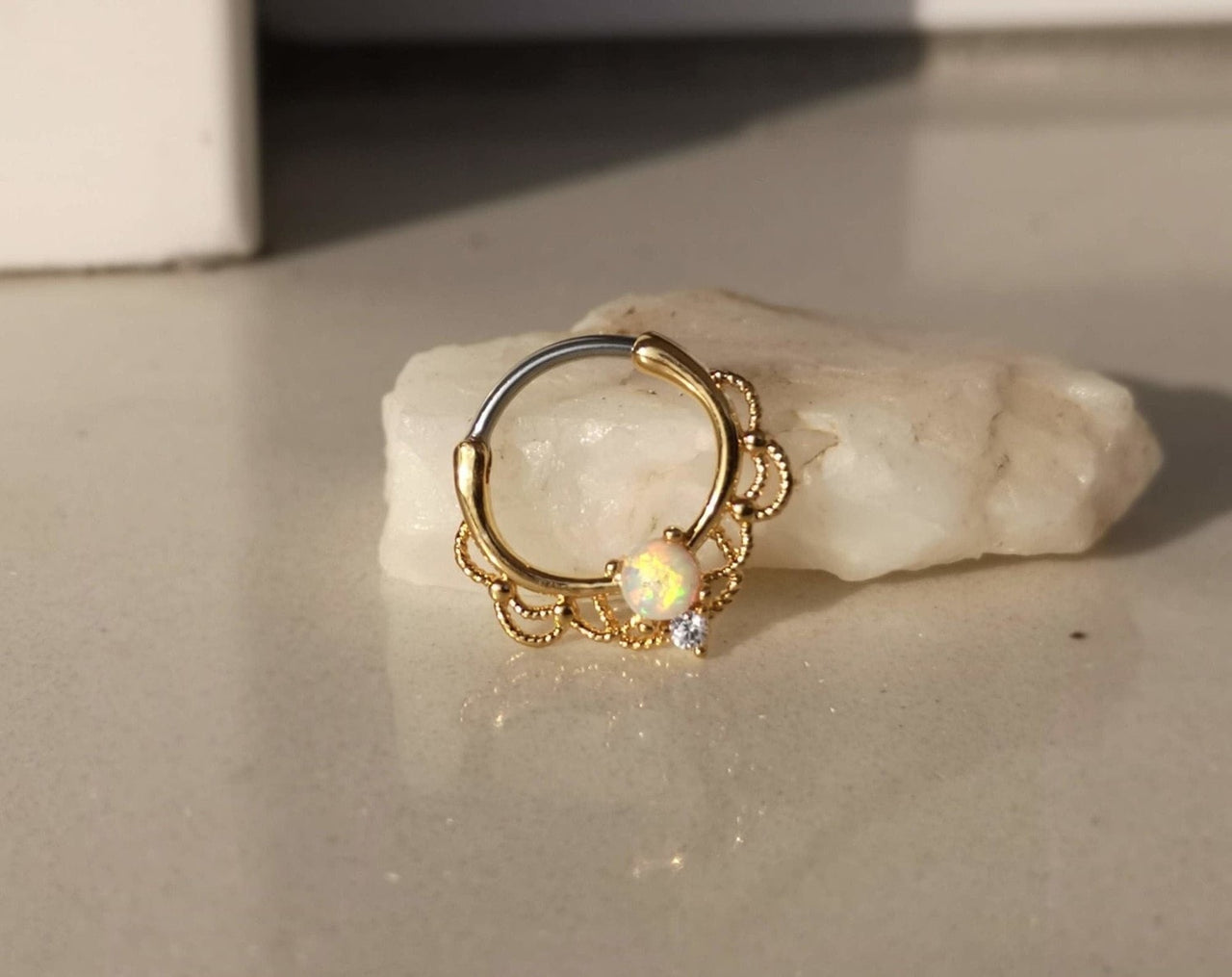 Gold Lace Septum Clicker Ring with White Opal