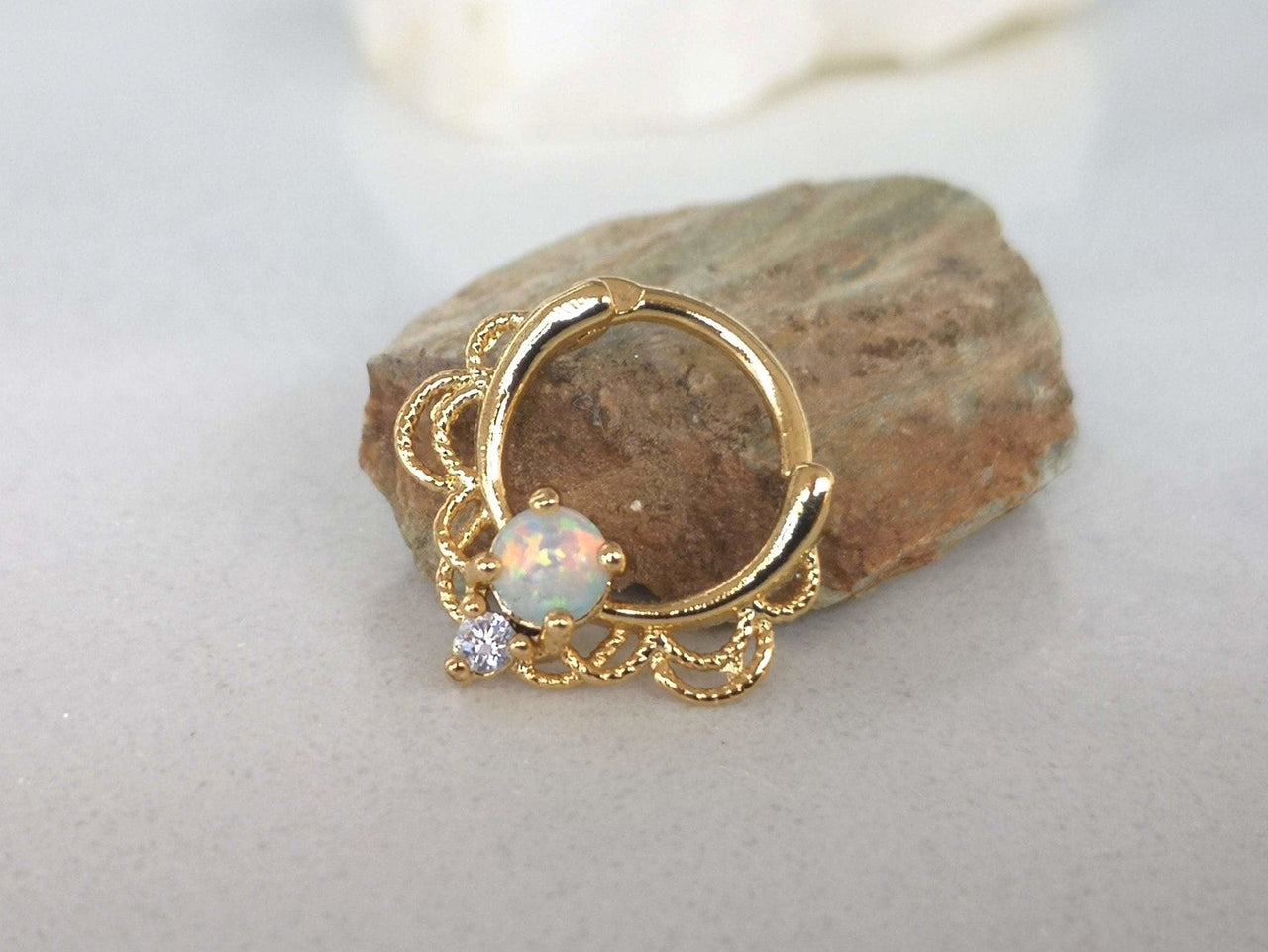 Gold Lace Septum Clicker Ring with White Opal