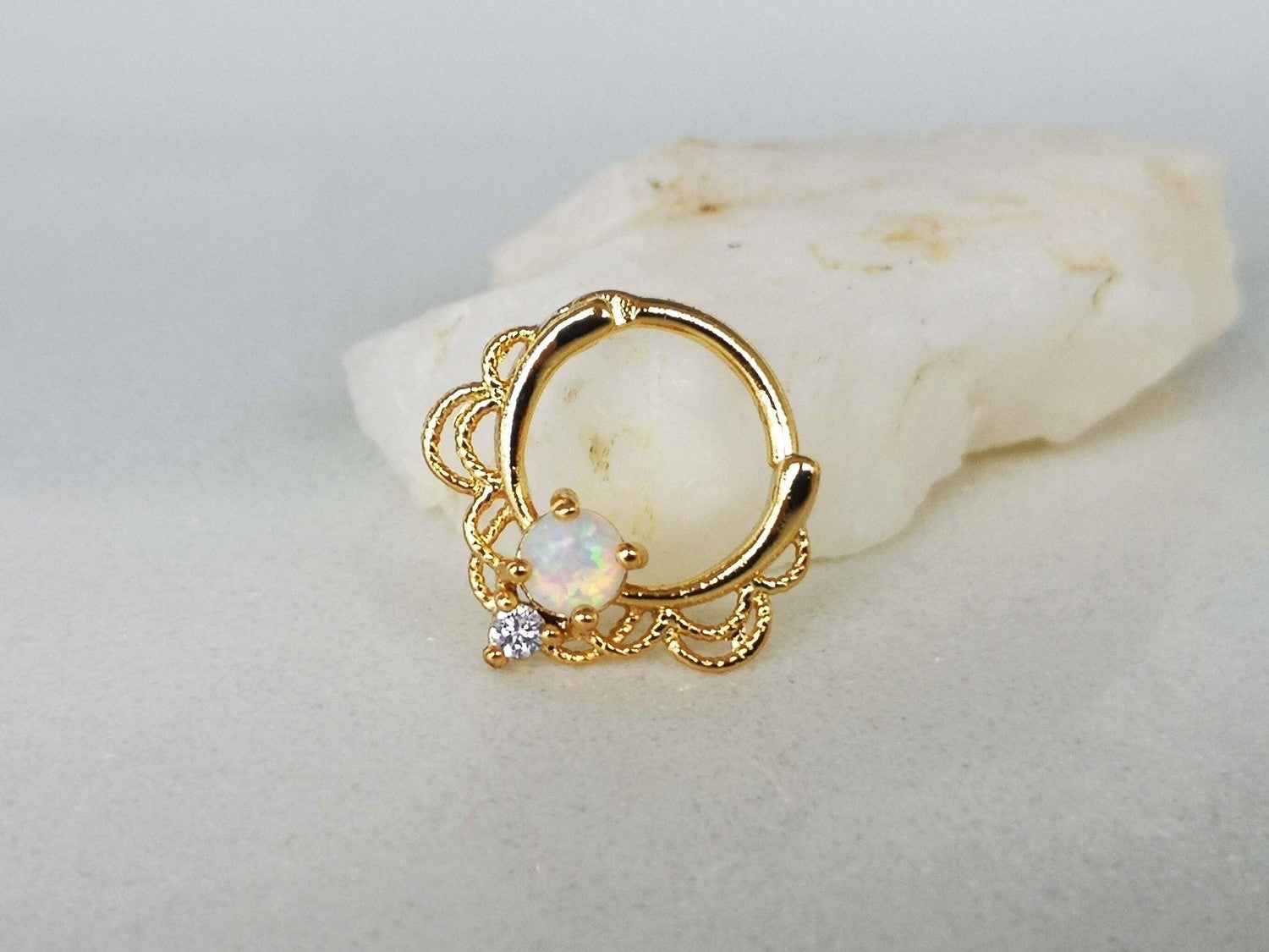 Gold Lace Septum Clicker Ring with White Opal