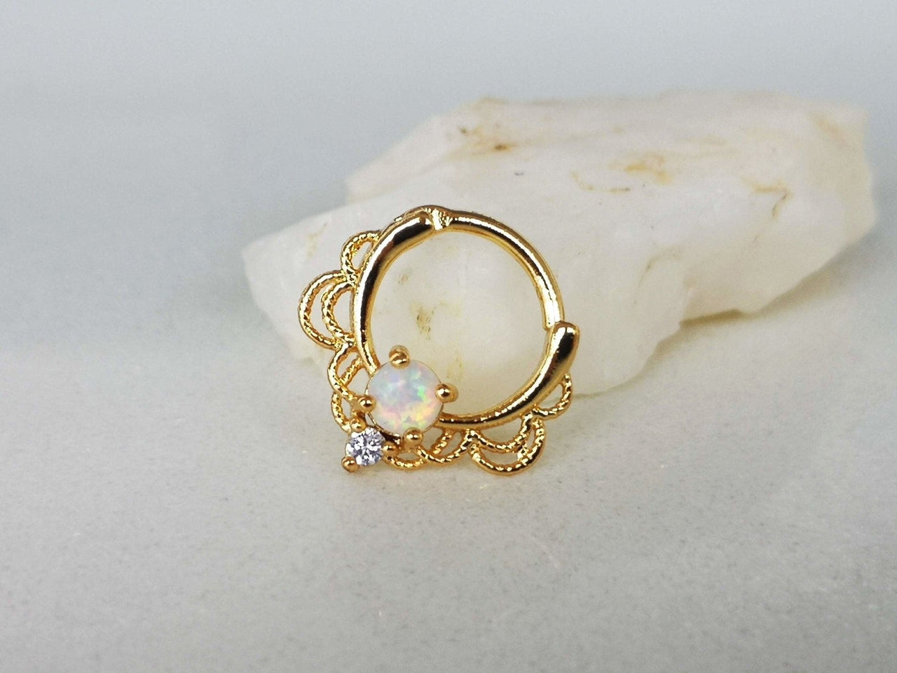 Gold Lace Septum Clicker Ring with White Opal