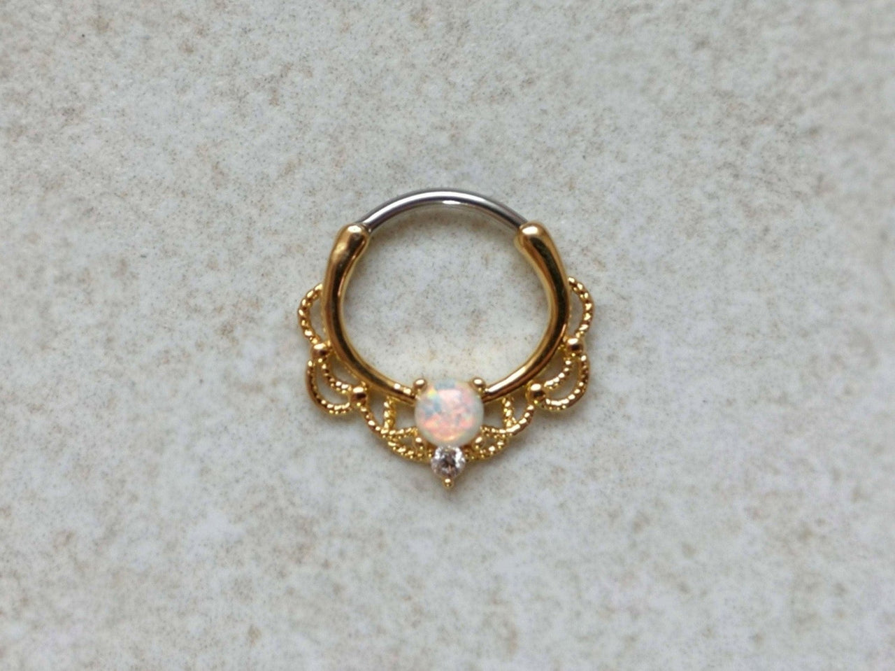 Gold Lace Septum Clicker Ring with White Opal