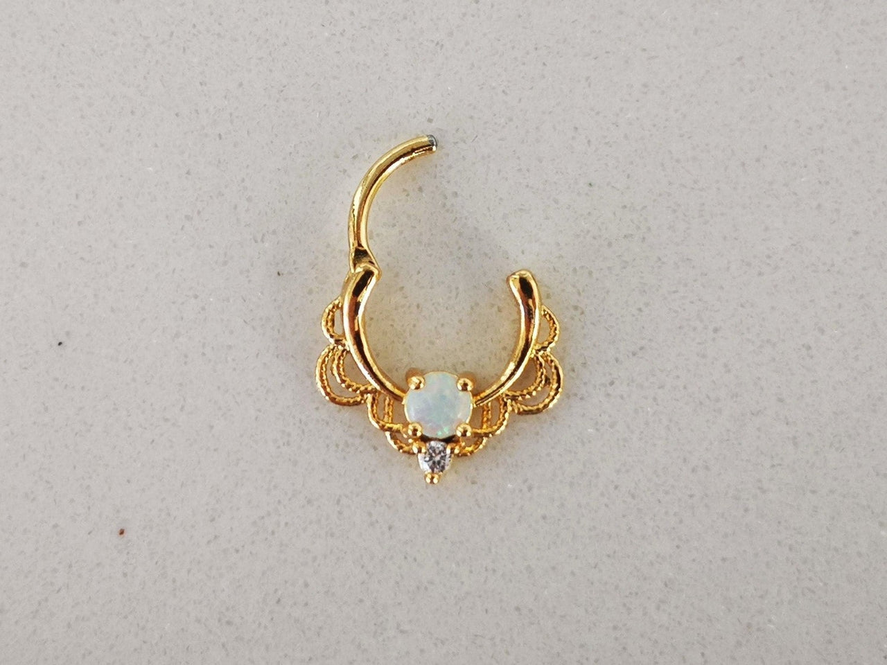 Gold Lace Septum Clicker Ring with White Opal - 15% OFF