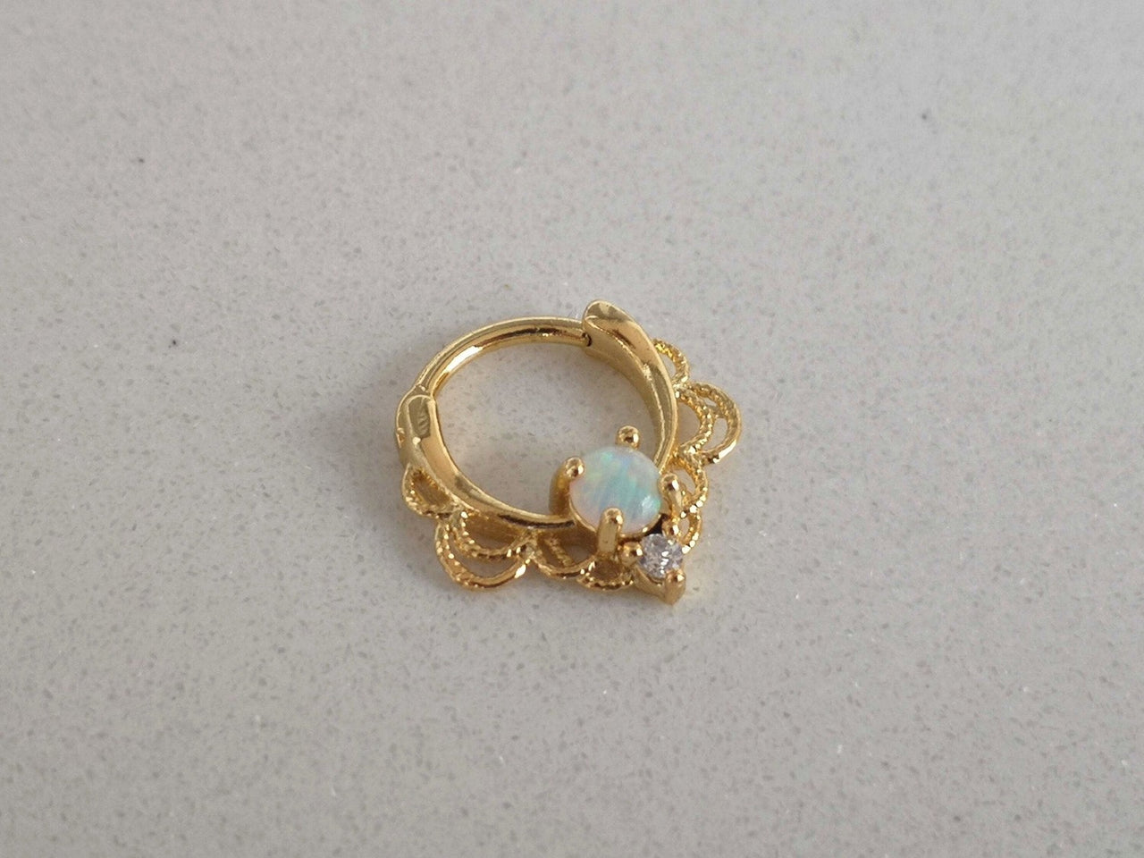 Gold Lace Septum Clicker Ring with White Opal