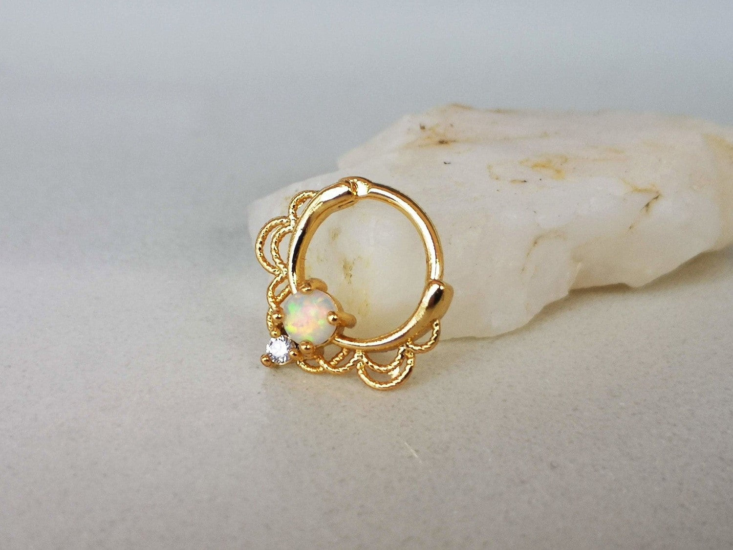 Gold Lace Septum Clicker Ring with White Opal