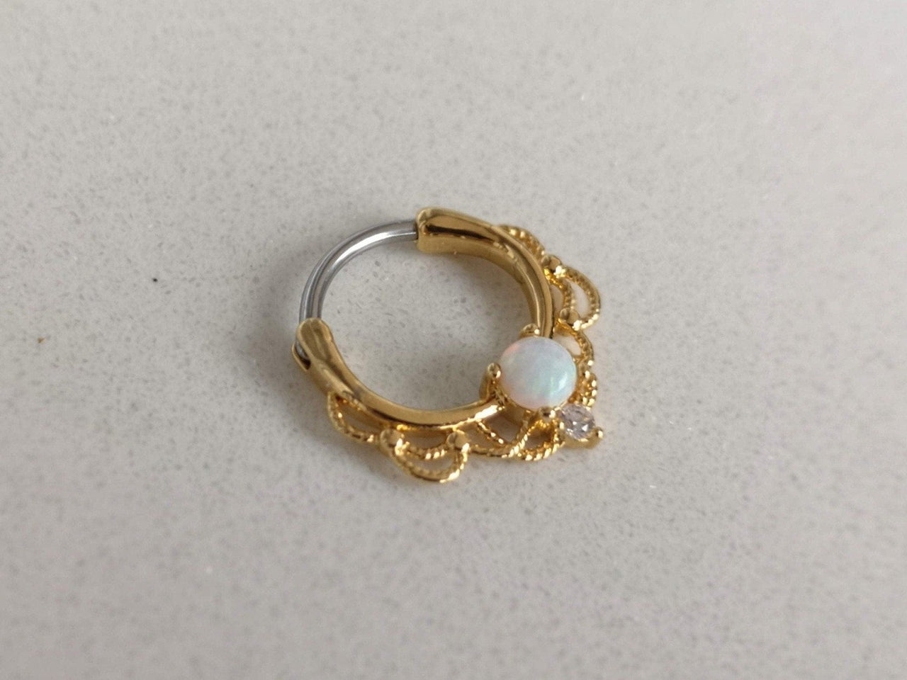 Gold Lace Septum Clicker Ring with White Opal