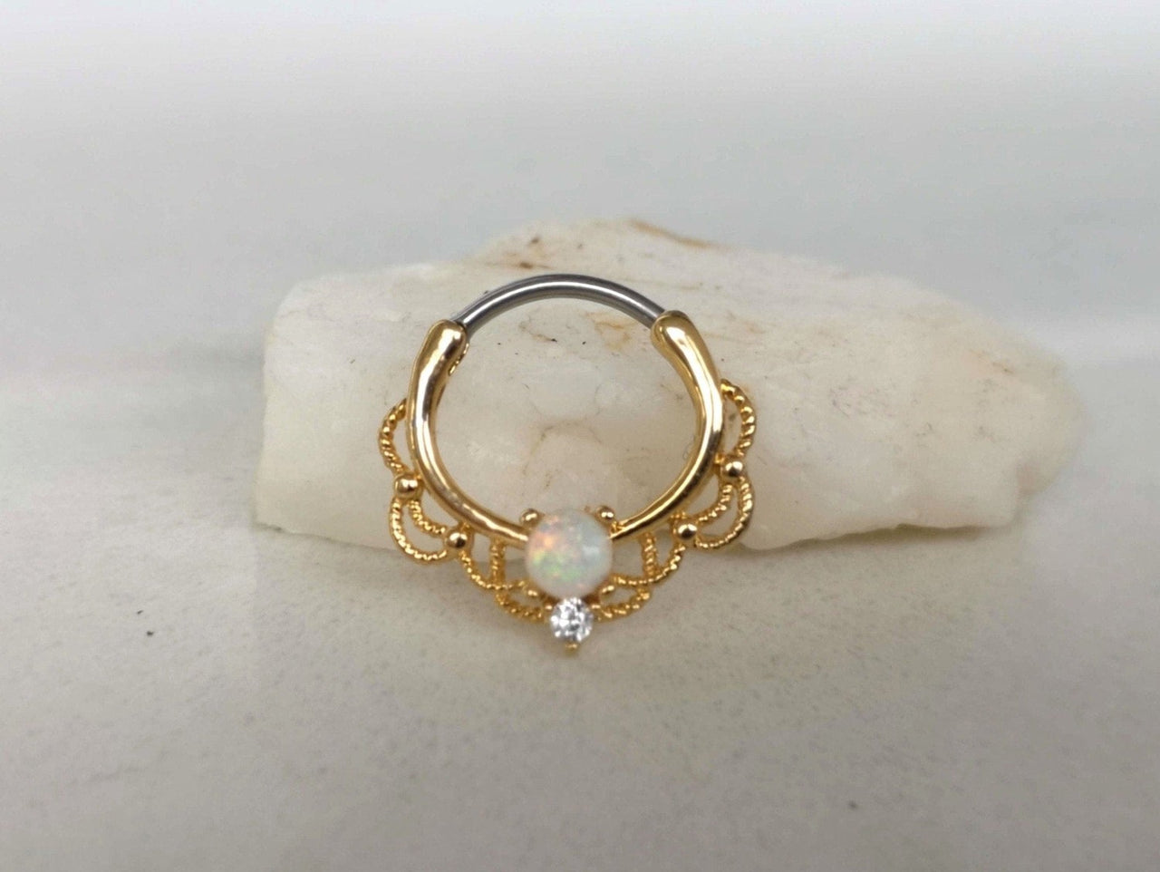 Gold Lace Septum Clicker Ring with White Opal